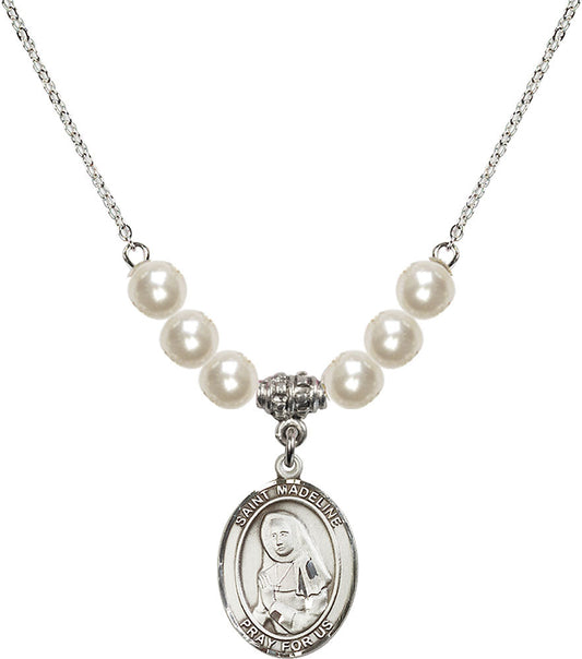 Sterling Silver Saint Madeline Sophie Barat Birthstone Necklace with Faux-Pearl Beads - 8236