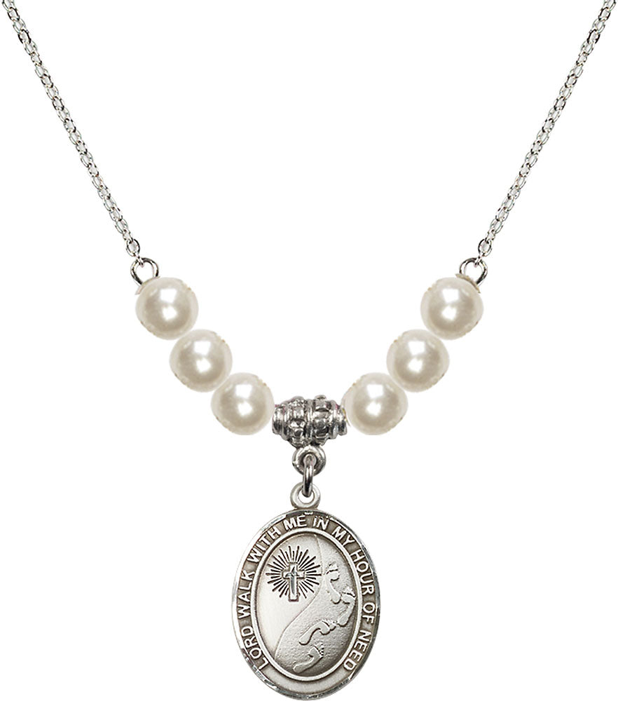 Sterling Silver Footprints / Cross Birthstone Necklace with Faux-Pearl Beads - 8237