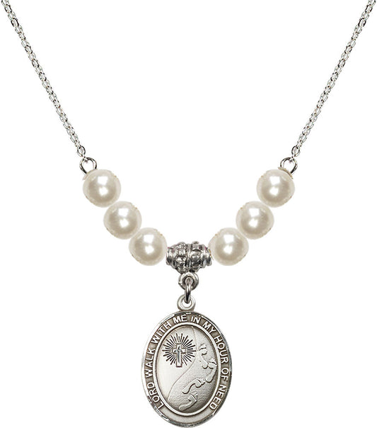 Sterling Silver Footprints / Cross Birthstone Necklace with Faux-Pearl Beads - 8237
