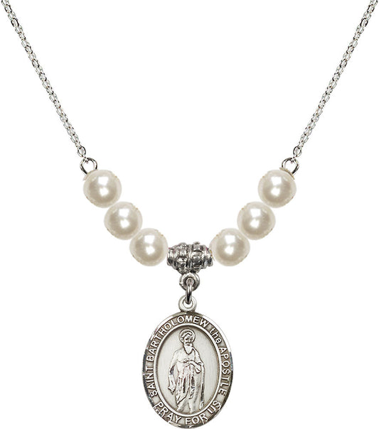 Sterling Silver Saint Bartholomew the Apostle Birthstone Necklace with Faux-Pearl Beads - 8238