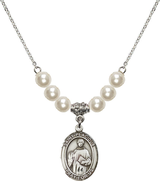 Sterling Silver Saint Placidus Birthstone Necklace with Faux-Pearl Beads - 8240