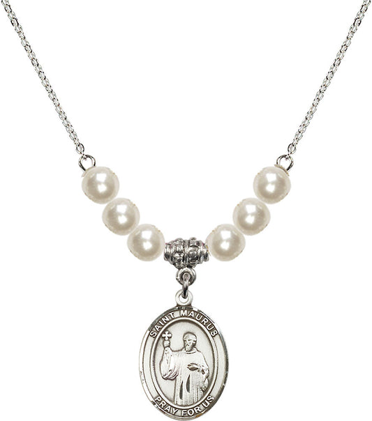 Sterling Silver Saint Maurus Birthstone Necklace with Faux-Pearl Beads - 8241