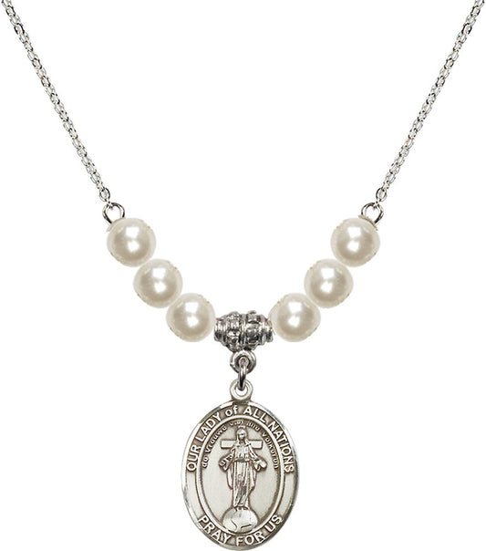 Sterling Silver Our Lady of All Nations Birthstone Necklace with Faux-Pearl Beads - 8242