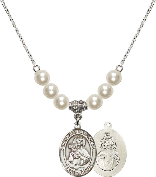 Sterling Silver Our Lady of Mount Carmel Birthstone Necklace with Faux-Pearl Beads - 8243