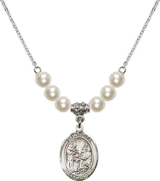 Sterling Silver Saint Zita Birthstone Necklace with Faux-Pearl Beads - 8244