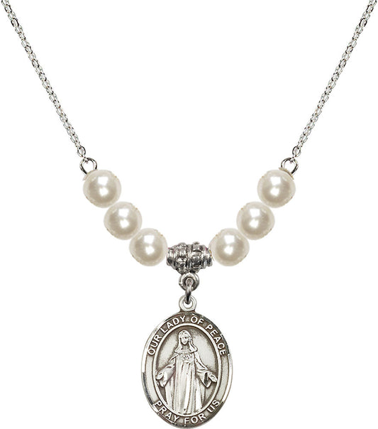 Sterling Silver Our Lady of Peace Birthstone Necklace with Faux-Pearl Beads - 8245
