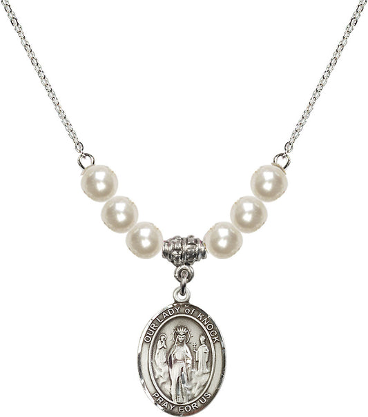 Sterling Silver Our Lady of Knock Birthstone Necklace with Faux-Pearl Beads - 8246