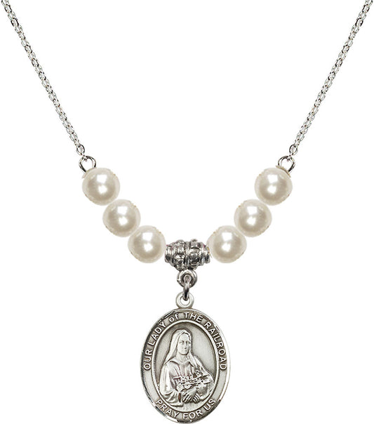Sterling Silver Our Lady of the Railroad Birthstone Necklace with Faux-Pearl Beads - 8247