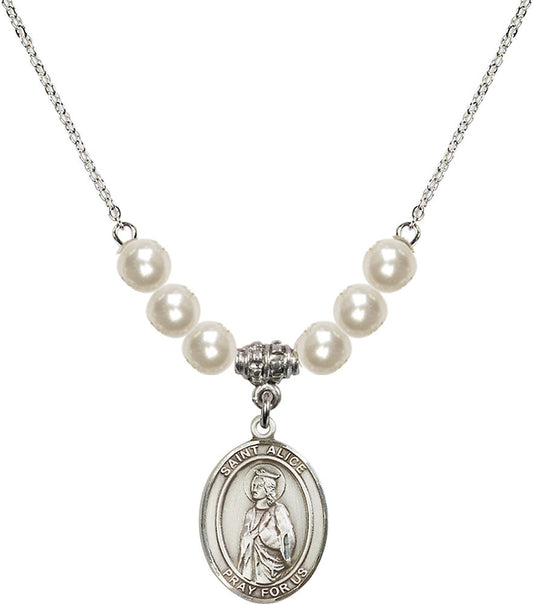 Sterling Silver Saint Alice Birthstone Necklace with Faux-Pearl Beads - 8248