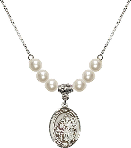 Sterling Silver Saint Aaron Birthstone Necklace with Faux-Pearl Beads - 8254