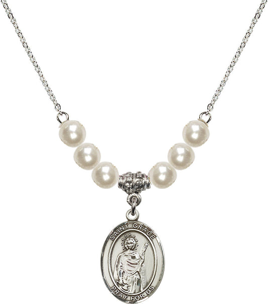 Sterling Silver Saint Grace Birthstone Necklace with Faux-Pearl Beads - 8255