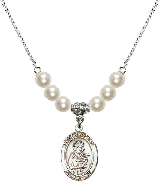 Sterling Silver Saint Christian Demosthenes Birthstone Necklace with Faux-Pearl Beads - 8257