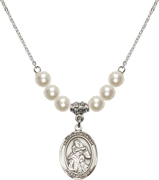 Sterling Silver Saint Isaiah Birthstone Necklace with Faux-Pearl Beads - 8258
