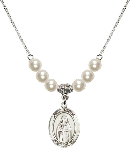 Sterling Silver Saint Samuel Birthstone Necklace with Faux-Pearl Beads - 8259