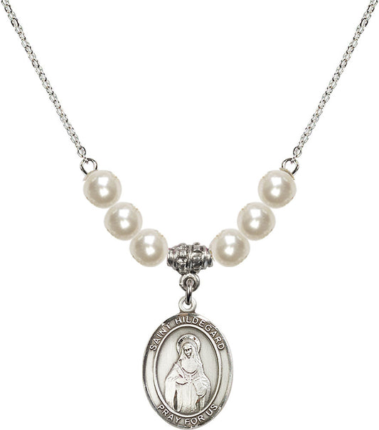 Sterling Silver Saint Hildegard von Bingen Birthstone Necklace with Faux-Pearl Beads - 8260