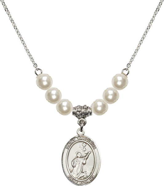 Sterling Silver Saint Tarcisius Birthstone Necklace with Faux-Pearl Beads - 8261