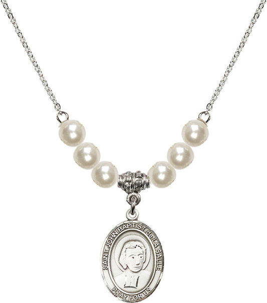 Sterling Silver Saint John Baptist de la Salle Birthstone Necklace with Faux-Pearl Beads - 8262
