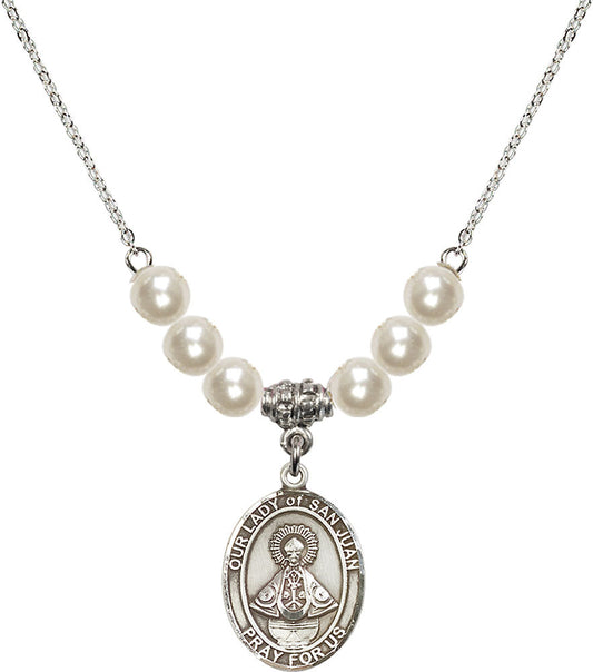 Sterling Silver Our Lady of San Juan Birthstone Necklace with Faux-Pearl Beads - 8263