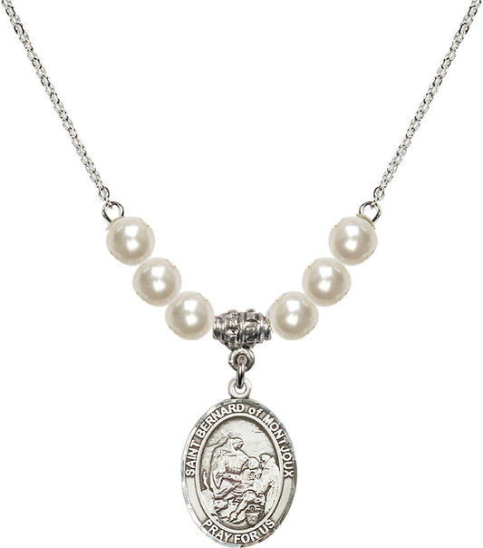Sterling Silver Saint Bernard of Montjoux Birthstone Necklace with Faux-Pearl Beads - 8264