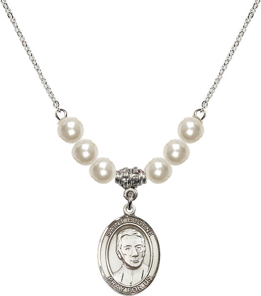 Sterling Silver Saint Eugene de Mazenod Birthstone Necklace with Faux-Pearl Beads - 8266