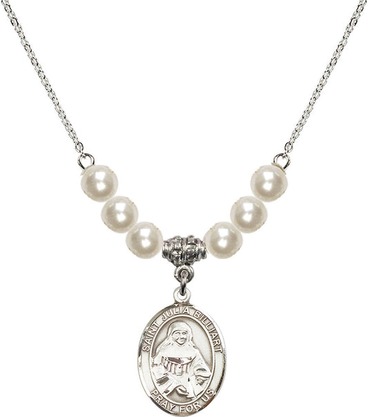 Sterling Silver Saint Julia Billiart Birthstone Necklace with Faux-Pearl Beads - 8267