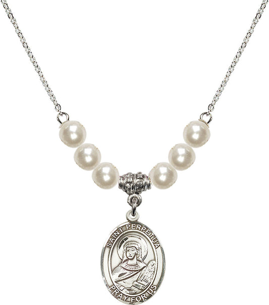 Sterling Silver Saint Perpetua Birthstone Necklace with Faux-Pearl Beads - 8272