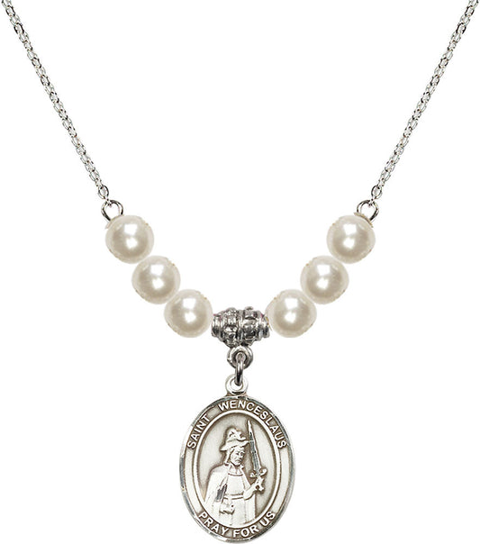 Sterling Silver Saint Wenceslaus Birthstone Necklace with Faux-Pearl Beads - 8273