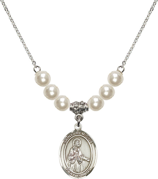 Sterling Silver Saint Remigius of Reims Birthstone Necklace with Faux-Pearl Beads - 8274