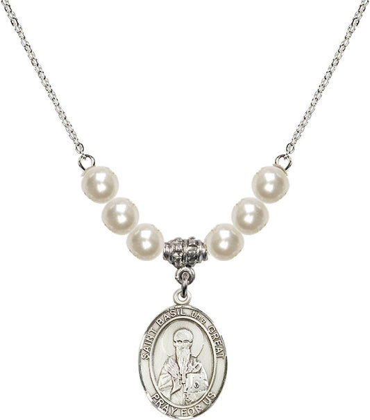 Sterling Silver Saint Basil the Great Birthstone Necklace with Faux-Pearl Beads - 8275