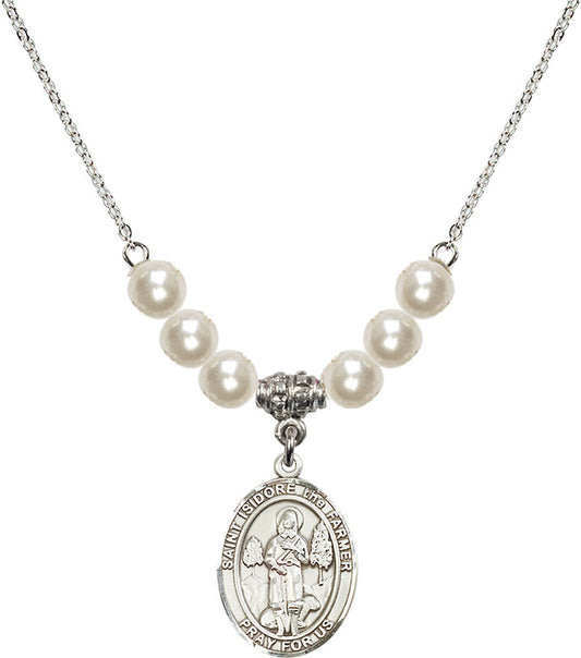 Sterling Silver Saint Isidore the Farmer Birthstone Necklace with Faux-Pearl Beads - 8276