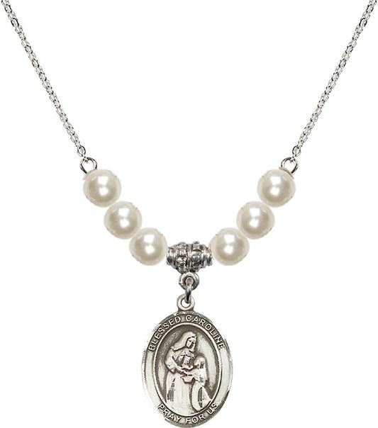Sterling Silver Blessed Caroline Gerhardinger Birthstone Necklace with Faux-Pearl Beads - 8281