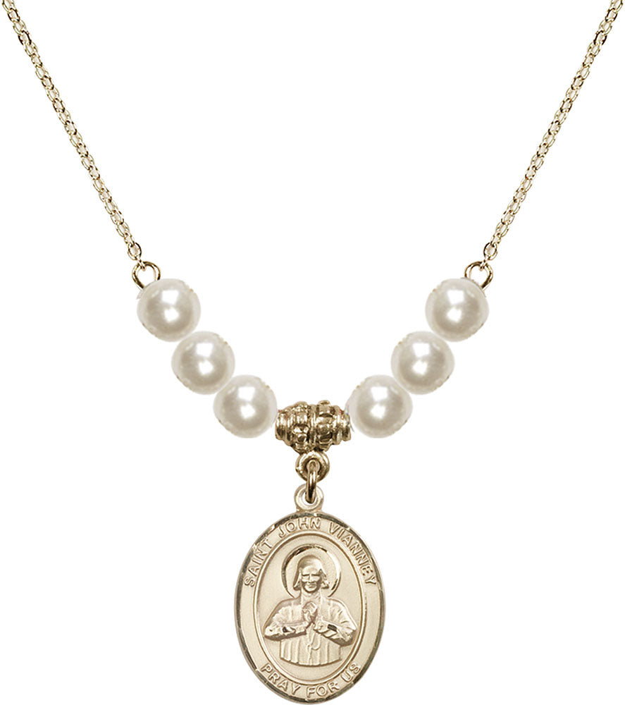 14kt Gold Filled Saint John Vianney Birthstone Necklace with Faux-Pearl Beads - 8282