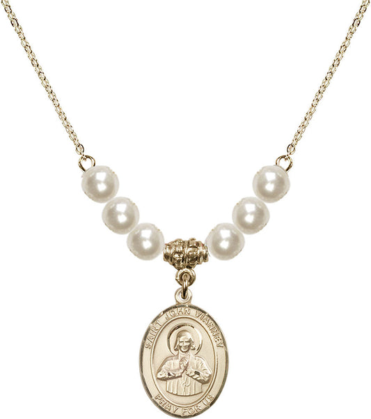 14kt Gold Filled Saint John Vianney Birthstone Necklace with Faux-Pearl Beads - 8282