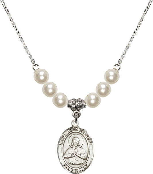 Sterling Silver Saint John Vianney Birthstone Necklace with Faux-Pearl Beads - 8282