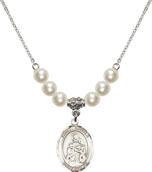 Sterling Silver Saint Angela Merici Birthstone Necklace with Faux-Pearl Beads - 8284