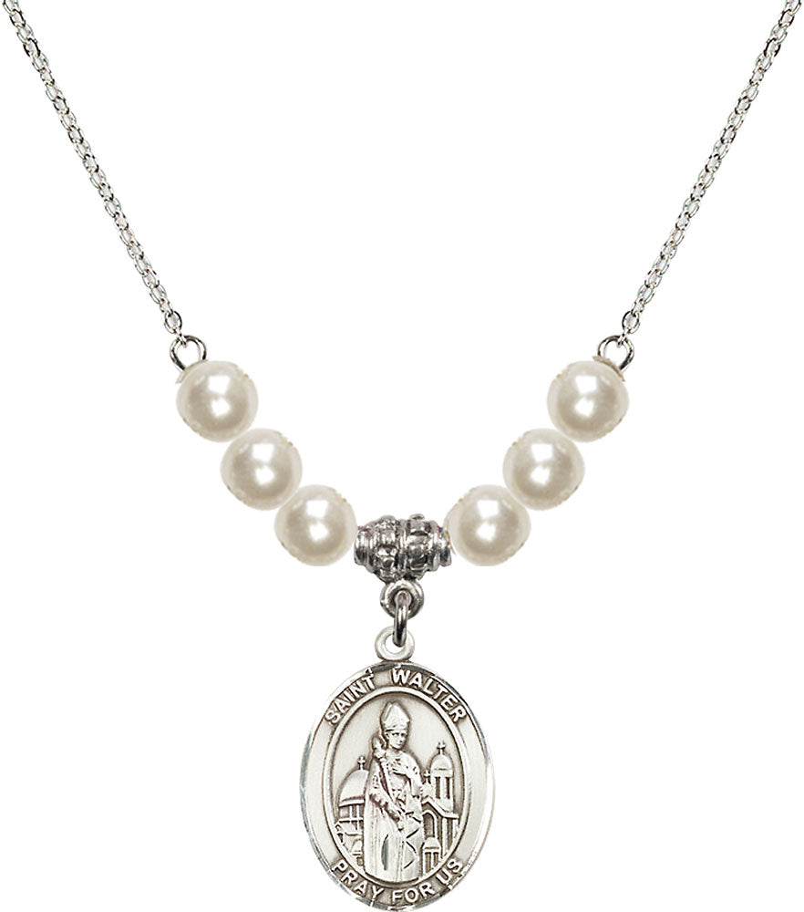 Sterling Silver Saint Walter of Pontoise Birthstone Necklace with Faux-Pearl Beads - 8285