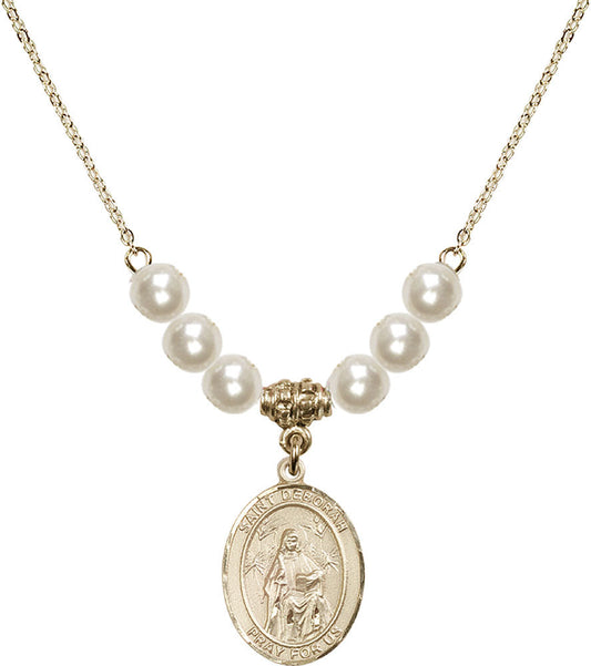 14kt Gold Filled Saint Deborah Birthstone Necklace with Faux-Pearl Beads - 8286