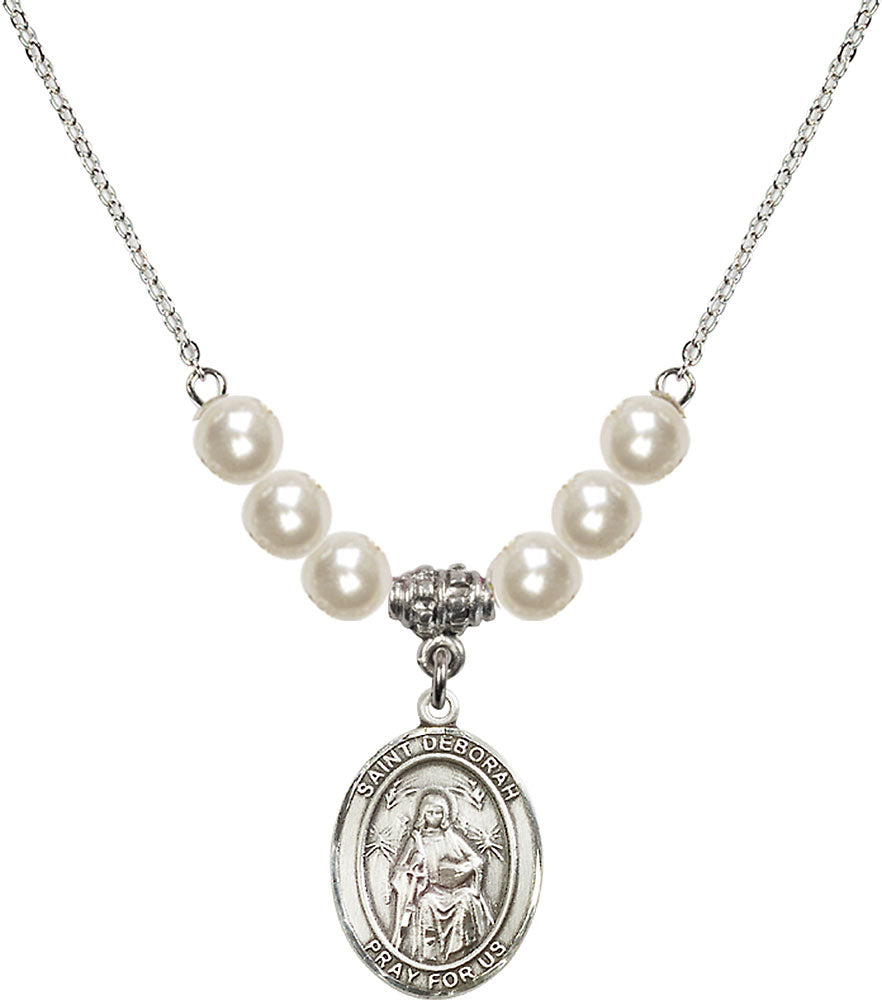 Sterling Silver Saint Deborah Birthstone Necklace with Faux-Pearl Beads - 8286