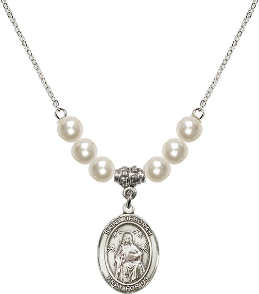Sterling Silver Saint Deborah Birthstone Necklace with Faux-Pearl Beads - 8286