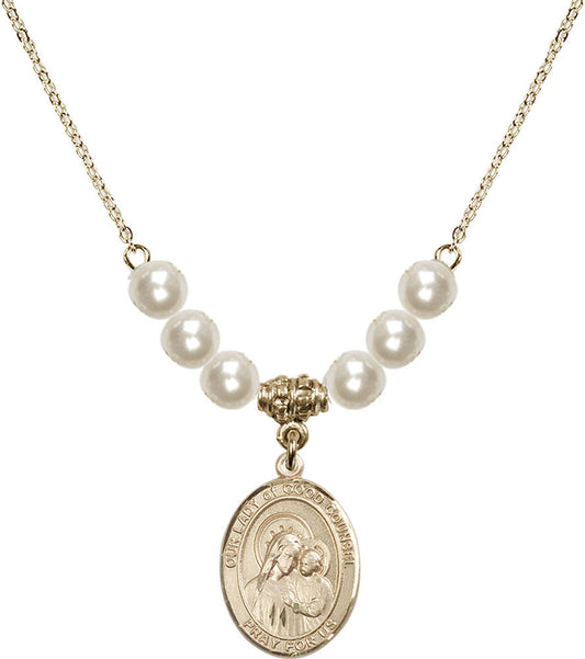 14kt Gold Filled Our Lady of Good Counsel Birthstone Necklace with Faux-Pearl Beads - 8287