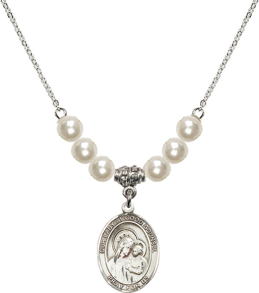 Sterling Silver Our Lady of Good Counsel Birthstone Necklace with Faux-Pearl Beads - 8287