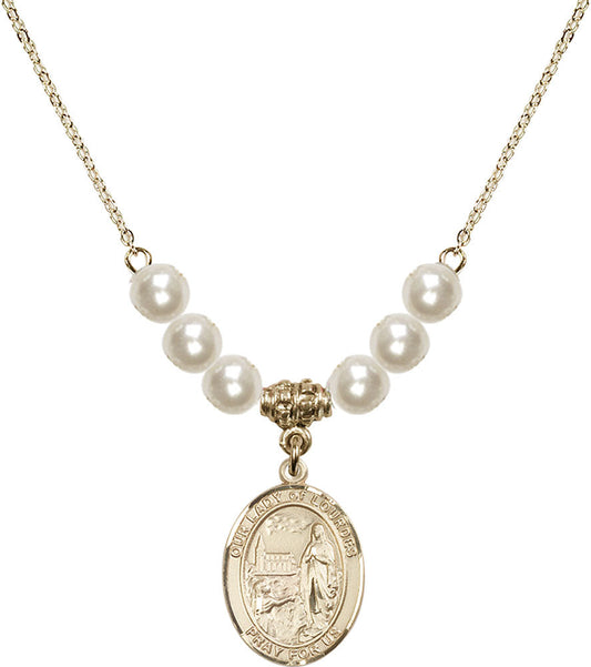 14kt Gold Filled Our Lady of Lourdes Birthstone Necklace with Faux-Pearl Beads - 8288