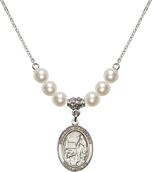 Sterling Silver Our Lady of Lourdes Birthstone Necklace with Faux-Pearl Beads - 8288