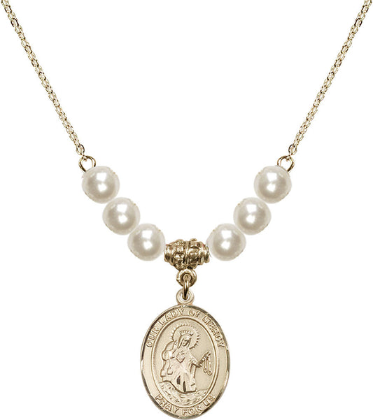14kt Gold Filled Our Lady of Mercy Birthstone Necklace with Faux-Pearl Beads - 8289