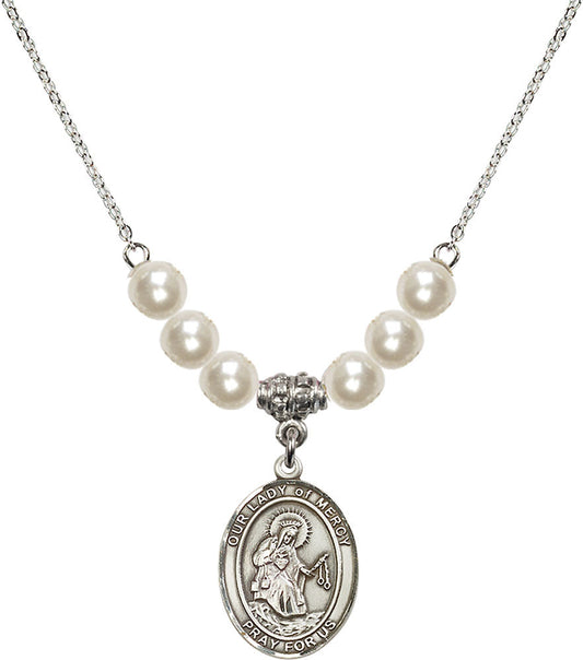 Sterling Silver Our Lady of Mercy Birthstone Necklace with Faux-Pearl Beads - 8289