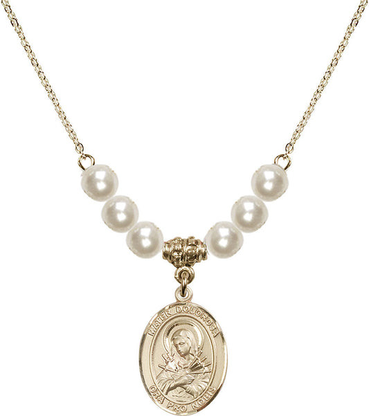 14kt Gold Filled Mater Dolorosa Birthstone Necklace with Faux-Pearl Beads - 8290