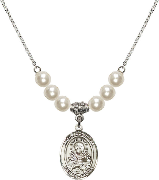Sterling Silver Mater Dolorosa Birthstone Necklace with Faux-Pearl Beads - 8290