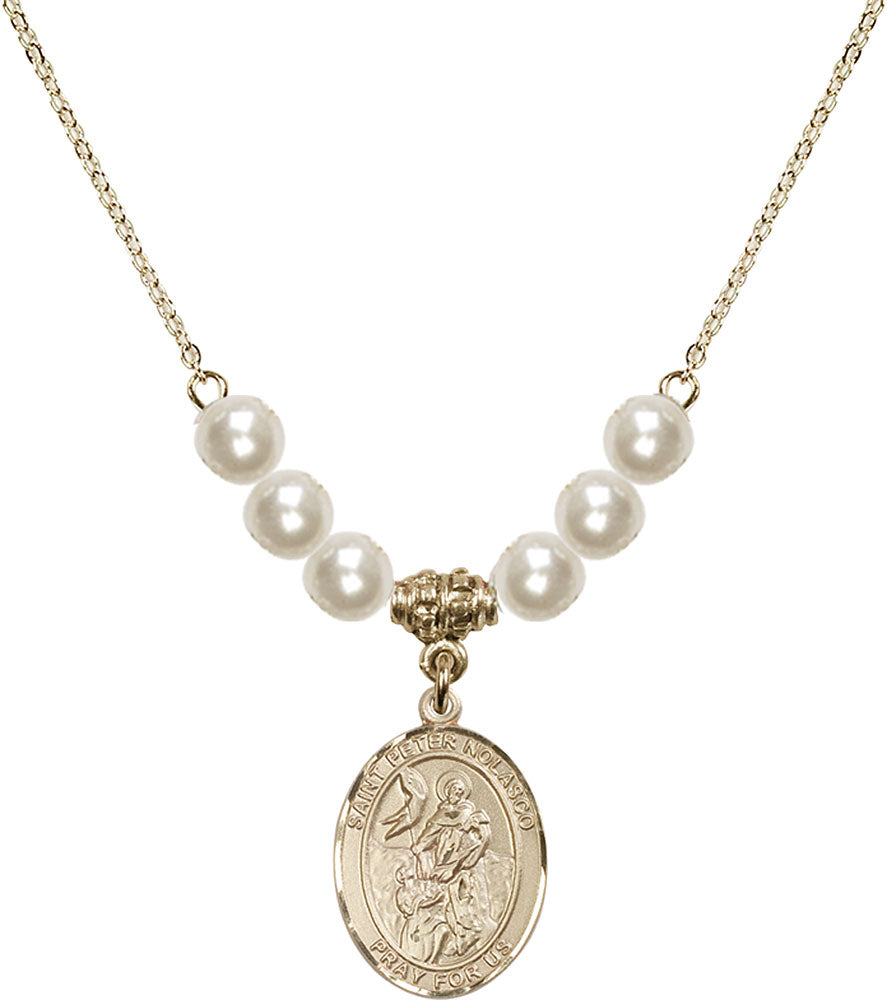 14kt Gold Filled Saint Peter Nolasco Birthstone Necklace with Faux-Pearl Beads - 8291
