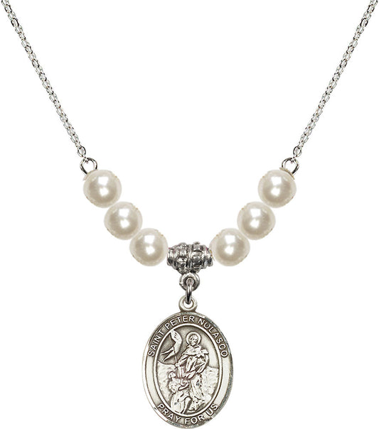 Sterling Silver Saint Peter Nolasco Birthstone Necklace with Faux-Pearl Beads - 8291