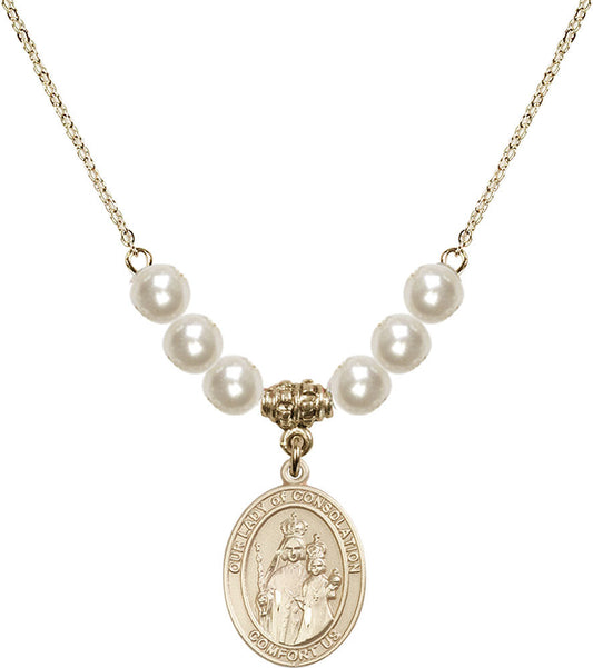 14kt Gold Filled Our Lady of Consolation Birthstone Necklace with Faux-Pearl Beads - 8292